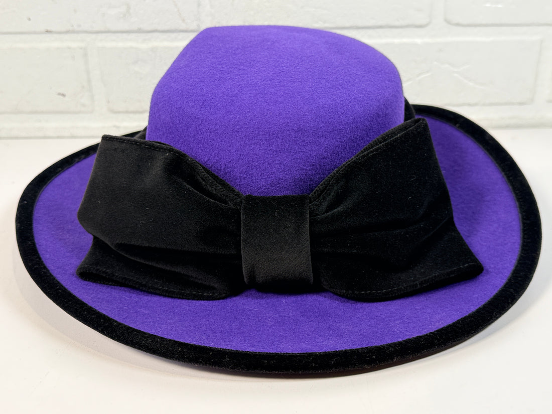 Vintage Alexon purple wool felt hat made in England with black velvet trim and bow. Elegant statement wide brim ladies formal occasion hat.