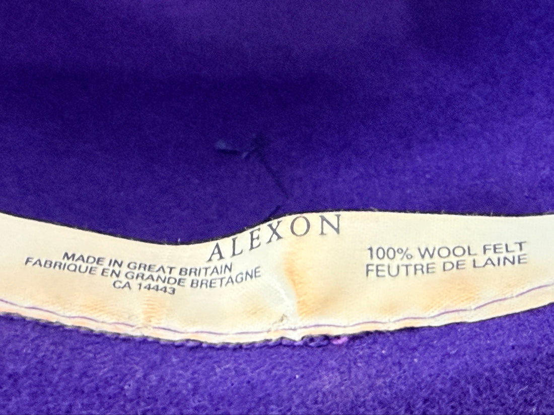Vintage Alexon purple wool felt hat made in England with black velvet trim and bow. Elegant statement wide brim ladies formal occasion hat.