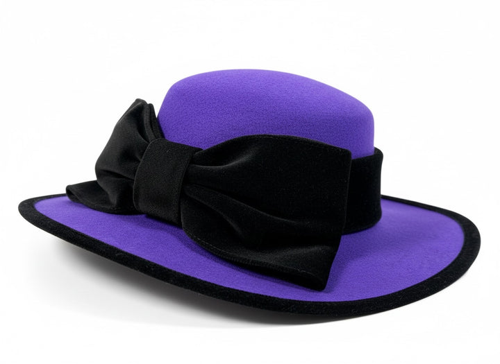 Vintage Alexon purple wool felt hat made in England with black velvet trim and bow. Elegant statement wide brim ladies formal occasion hat.