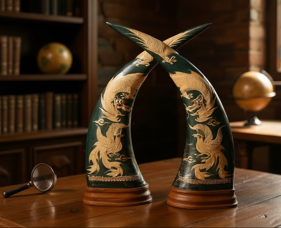Vintage pair buffalo horn dragon phoenix statues on hardwood bases. Hand carved Asian décor sculptures with dramatic natural horn shape and collectible appeal.