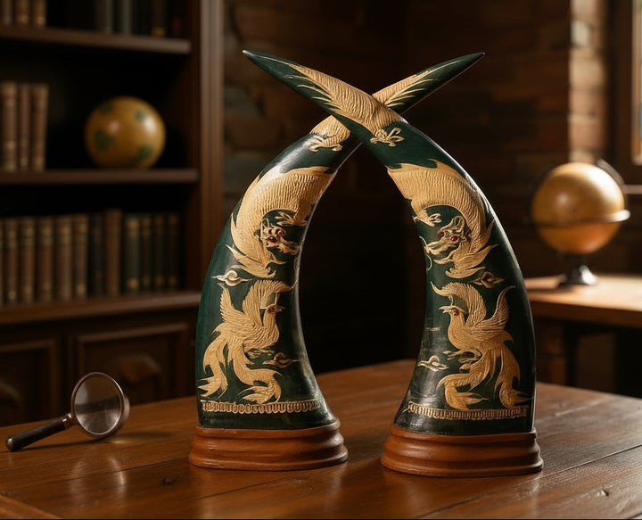 Vintage pair buffalo horn dragon phoenix statues on hardwood bases. Hand carved Asian décor sculptures with dramatic natural horn shape and collectible appeal.