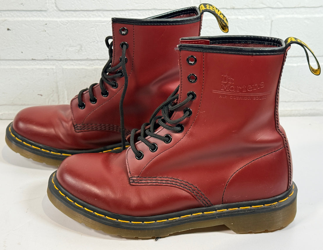 Dr. Martens cherry red 8 eye leather boots womens US 8 UK 6 classic 1460 style air cushioned sole preowned in very good condition.