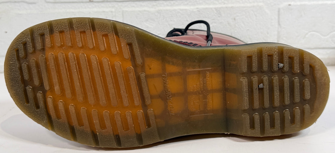 Dr. Martens cherry red 8 eye leather boots womens US 8 UK 6 classic 1460 style air cushioned sole preowned in very good condition.