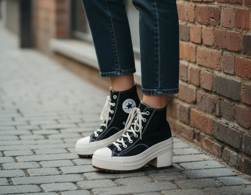 Converse Run Star Hike platform heel sneakers black high tops women’s 8.5. Chunky lug sole elevated fashion sneaker in pre-owned condition.