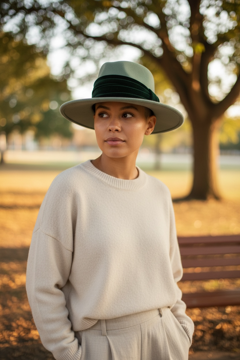 Vintage Alexon wool felt hat in mint green with black velvet trim, made in Great Britain. Includes original hat box. Elegant retro formal fashion piece.