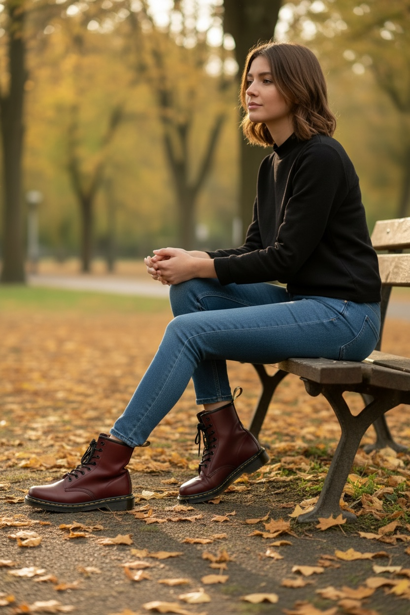 Dr. Martens cherry red 8 eye leather boots womens US 8 UK 6 classic 1460 style air cushioned sole preowned in very good condition.