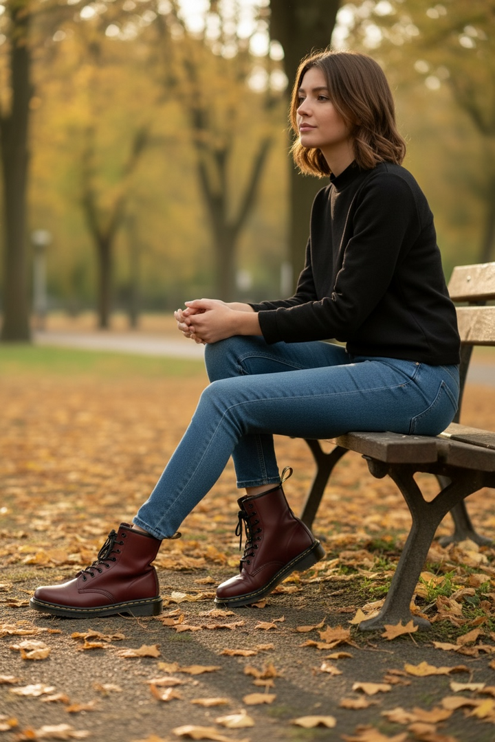 Dr. Martens cherry red 8 eye leather boots womens US 8 UK 6 classic 1460 style air cushioned sole preowned in very good condition.