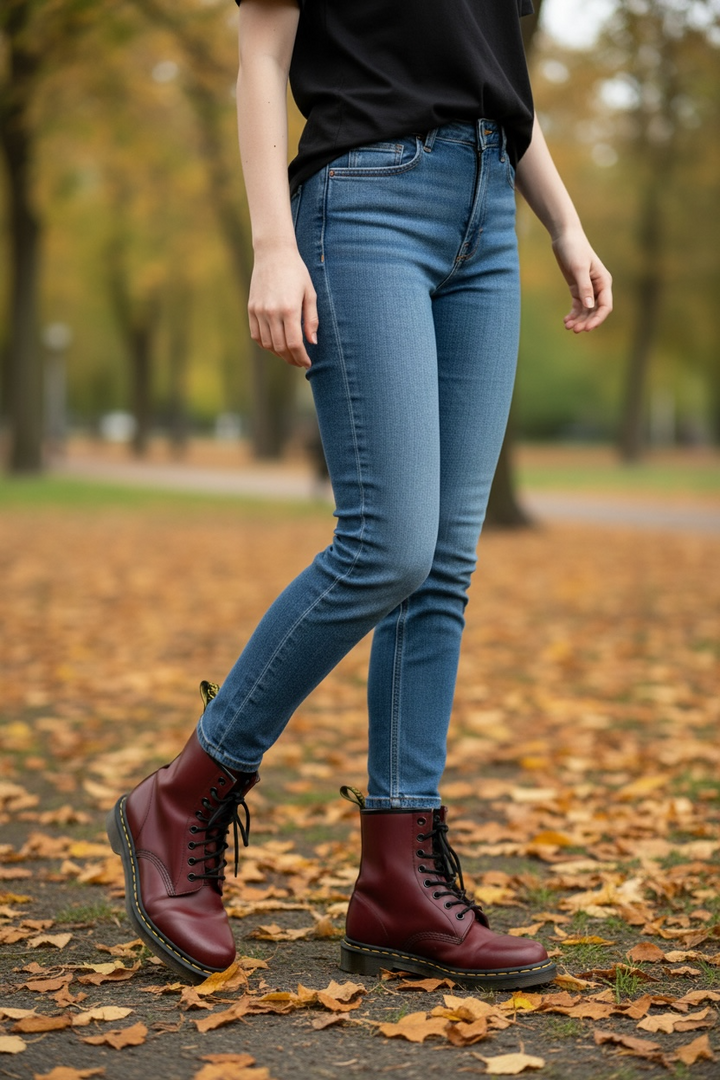Dr. Martens cherry red 8 eye leather boots womens US 8 UK 6 classic 1460 style air cushioned sole preowned in very good condition.