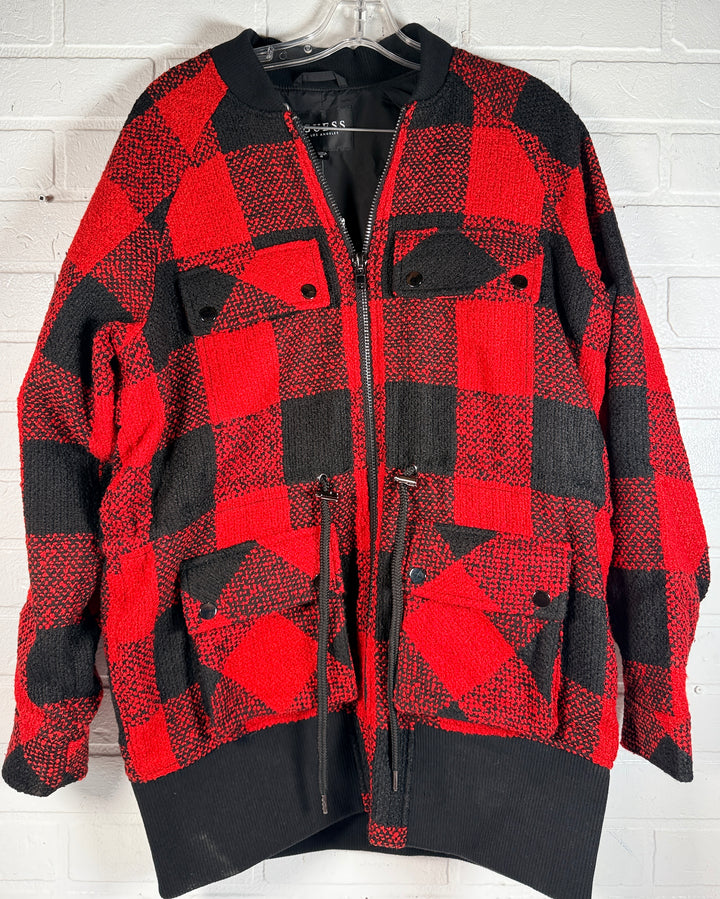 Guess Darian plaid bomber jacket in fiery red buffalo check, size medium, new with tags. Stylish zip front jacket with cargo pockets and bold streetwear look.