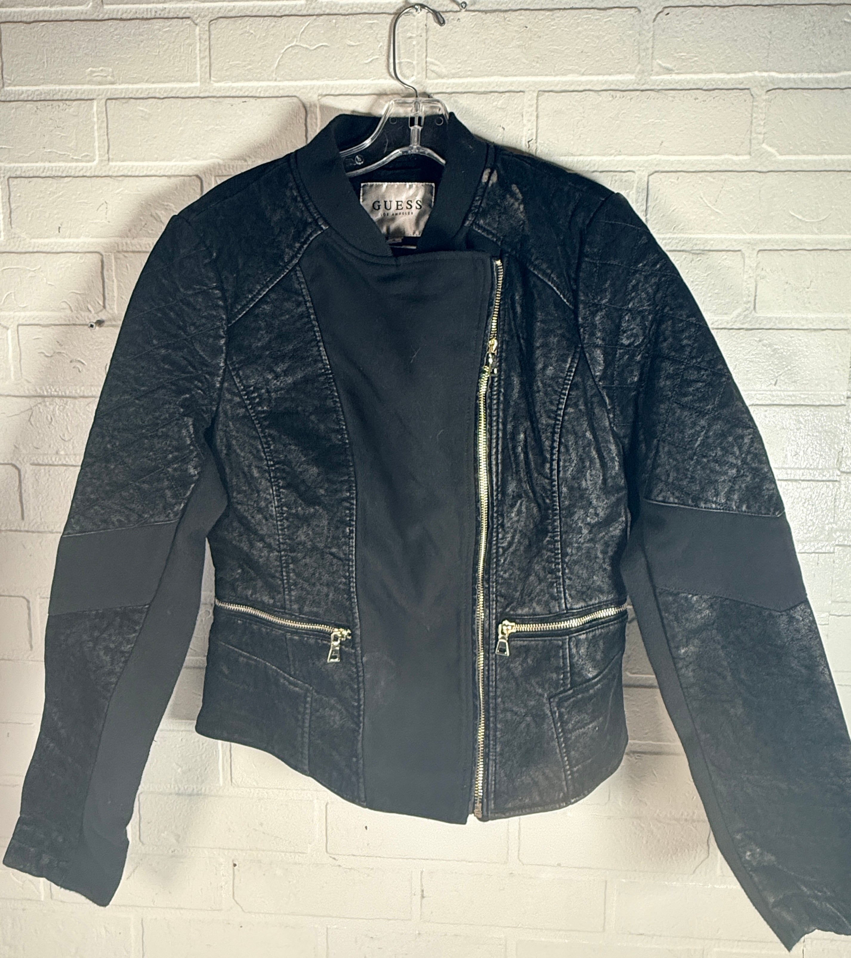 GUESS Eloise moto jacket black mixed media women’s size medium new with tags. Quilted faux leather style with zip front and stretch comfort panels.
