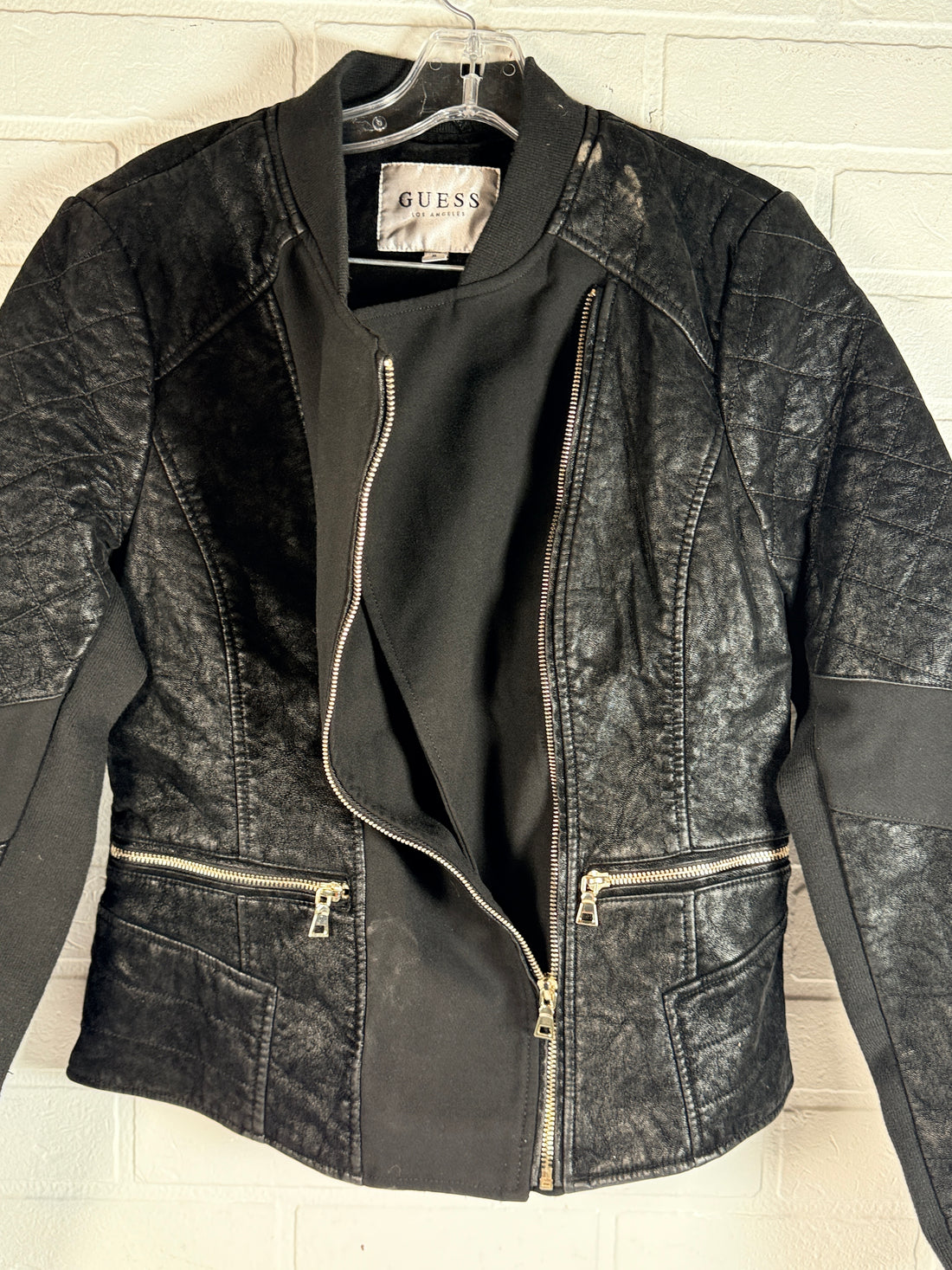 GUESS Eloise moto jacket black mixed media women’s size medium new with tags. Quilted faux leather style with zip front and stretch comfort panels.