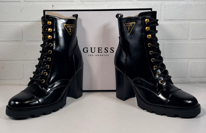 GUESS Gwneadyn black combat heel boots size 8 new in box. Lace-up ankle boots with block heel, lug sole and side zip designer style.