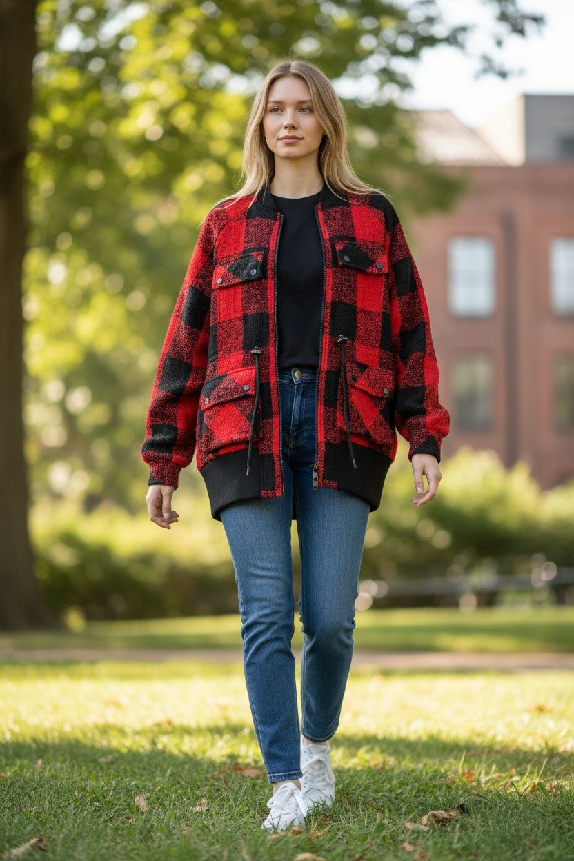 Guess Darian plaid bomber jacket in fiery red buffalo check, size medium, new with tags. Stylish zip front jacket with cargo pockets and bold streetwear look.