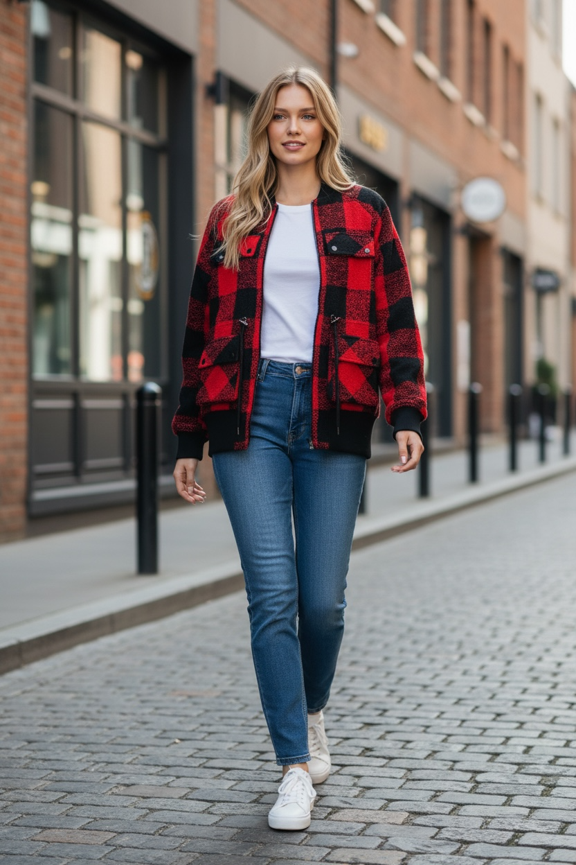 Guess Darian plaid bomber jacket in fiery red buffalo check, size medium, new with tags. Stylish zip front jacket with cargo pockets and bold streetwear look.