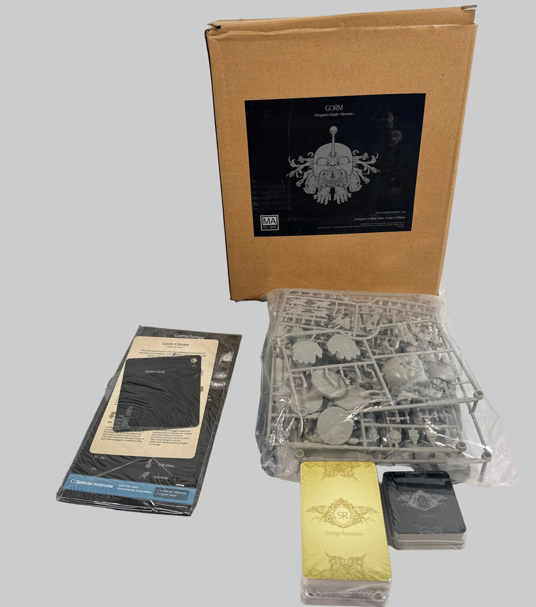 Kingdom Death Monster Gorm expansion complete open box with sealed components. Rare collector board game expansion for KDM fans.