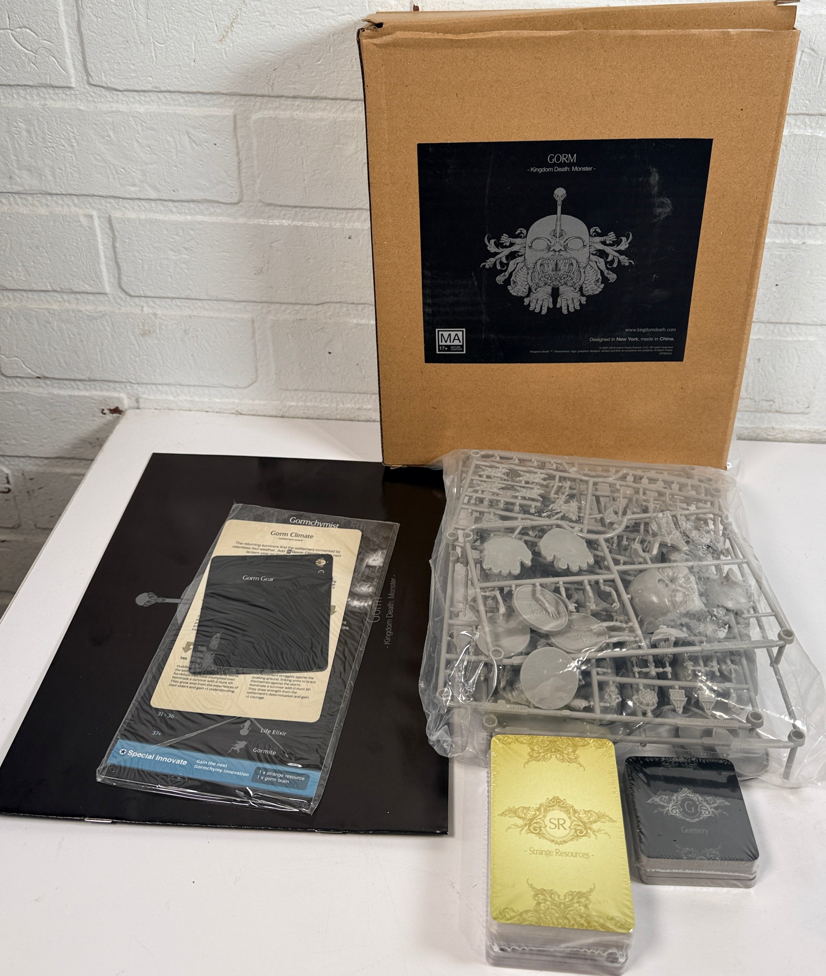 Kingdom Death Monster Gorm expansion complete open box with sealed components. Rare collector board game expansion for KDM fans.