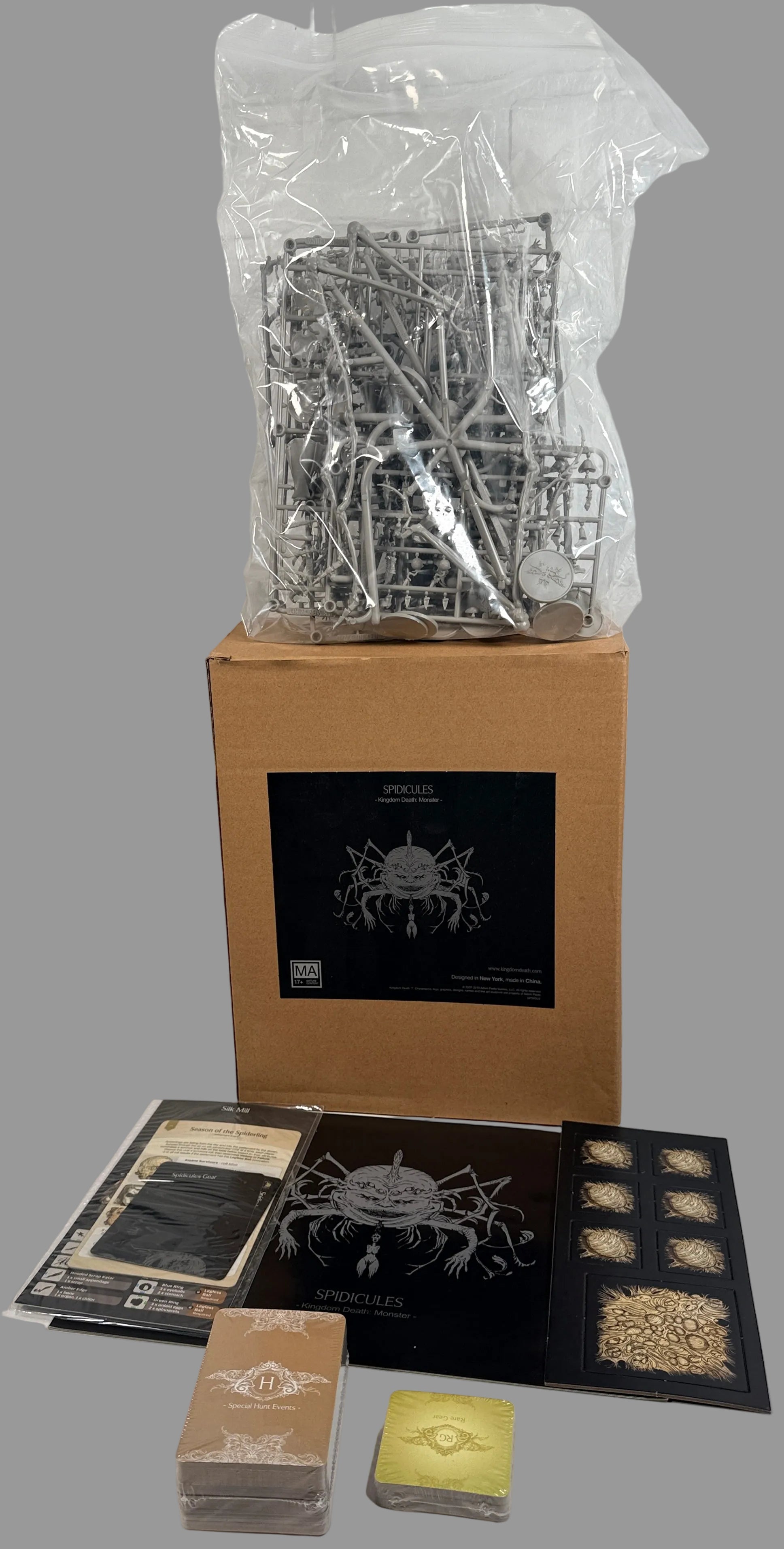 Kingdom Death Monster Spidicules Expansion complete unassembled with sealed cards and original box. Rare KDM collector board game expansion.