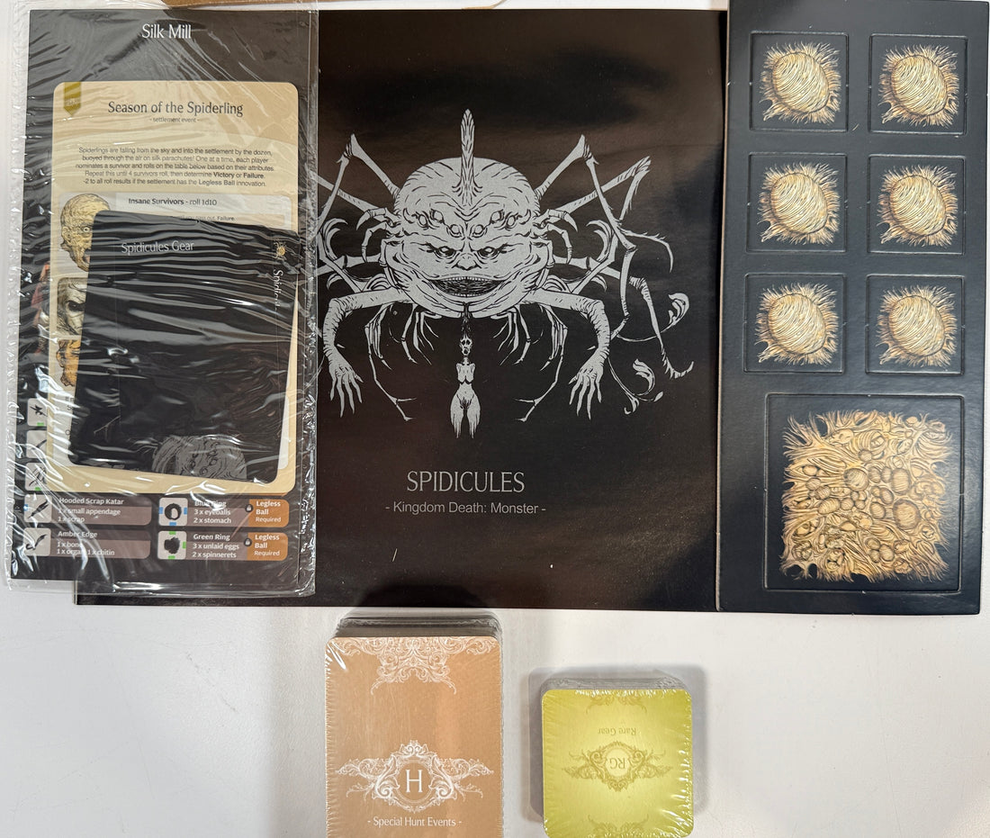 Kingdom Death Monster Spidicules Expansion complete unassembled with sealed cards and original box. Rare KDM collector board game expansion.