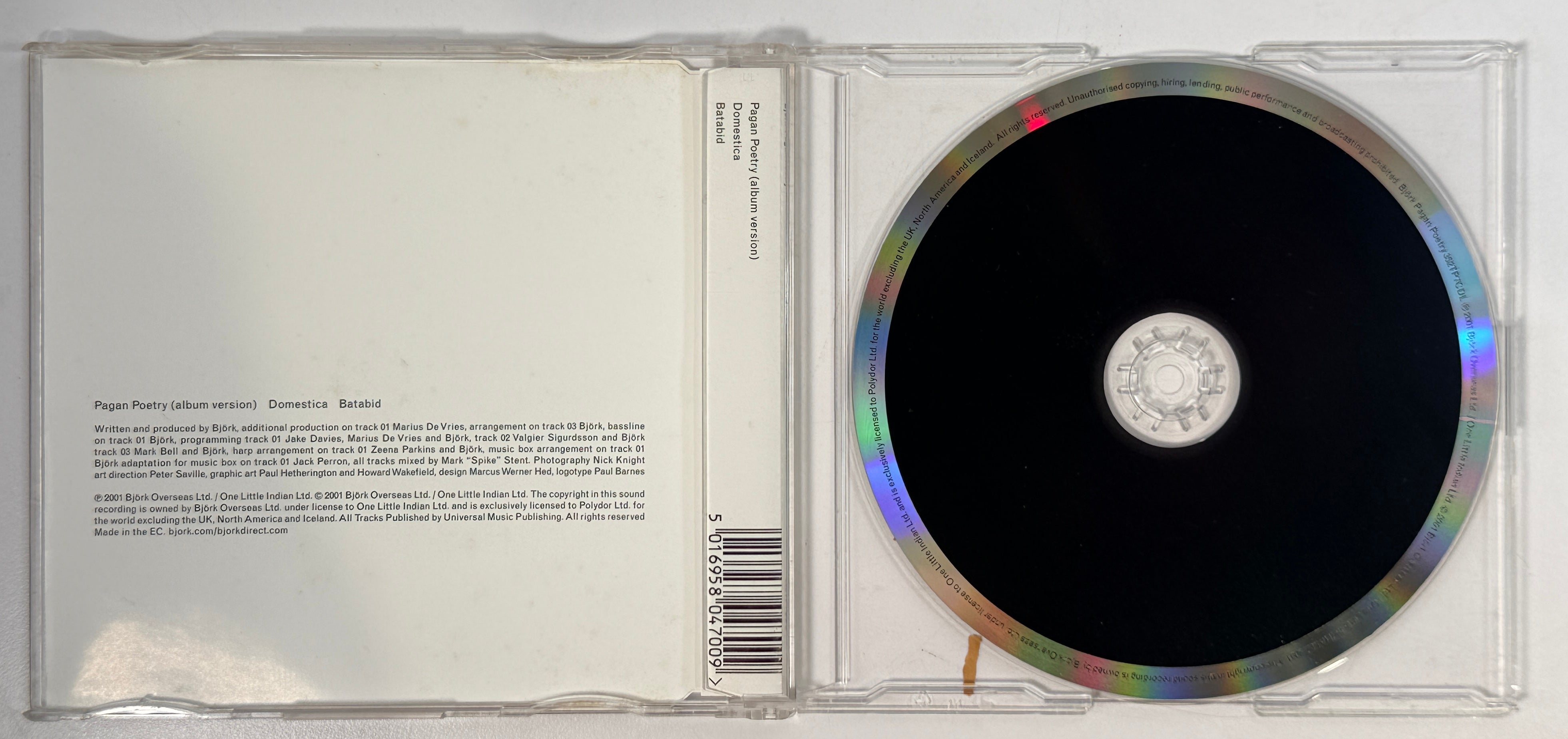 Bjork Pagan Poetry CD single from Vespertine, 2001 import pressing with Domestica and Batabid bonus tracks. Great collectible for fans.