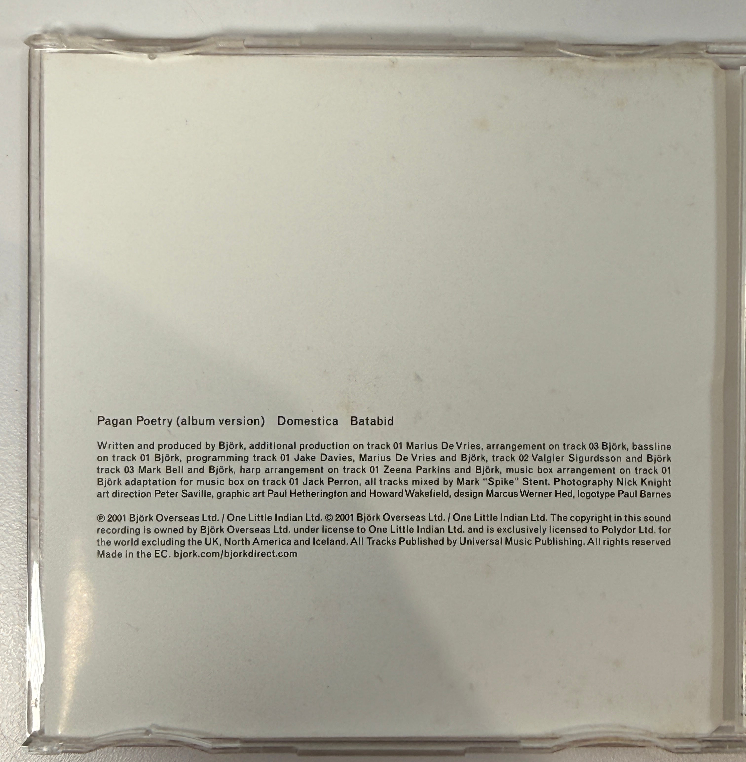 Bjork Pagan Poetry CD single from Vespertine, 2001 import pressing with Domestica and Batabid bonus tracks. Great collectible for fans.
