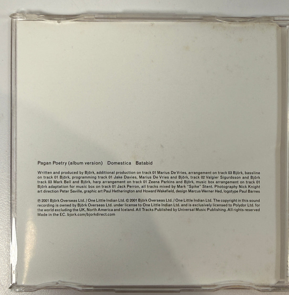 Bjork Pagan Poetry CD single from Vespertine, 2001 import pressing with Domestica and Batabid bonus tracks. Great collectible for fans.
