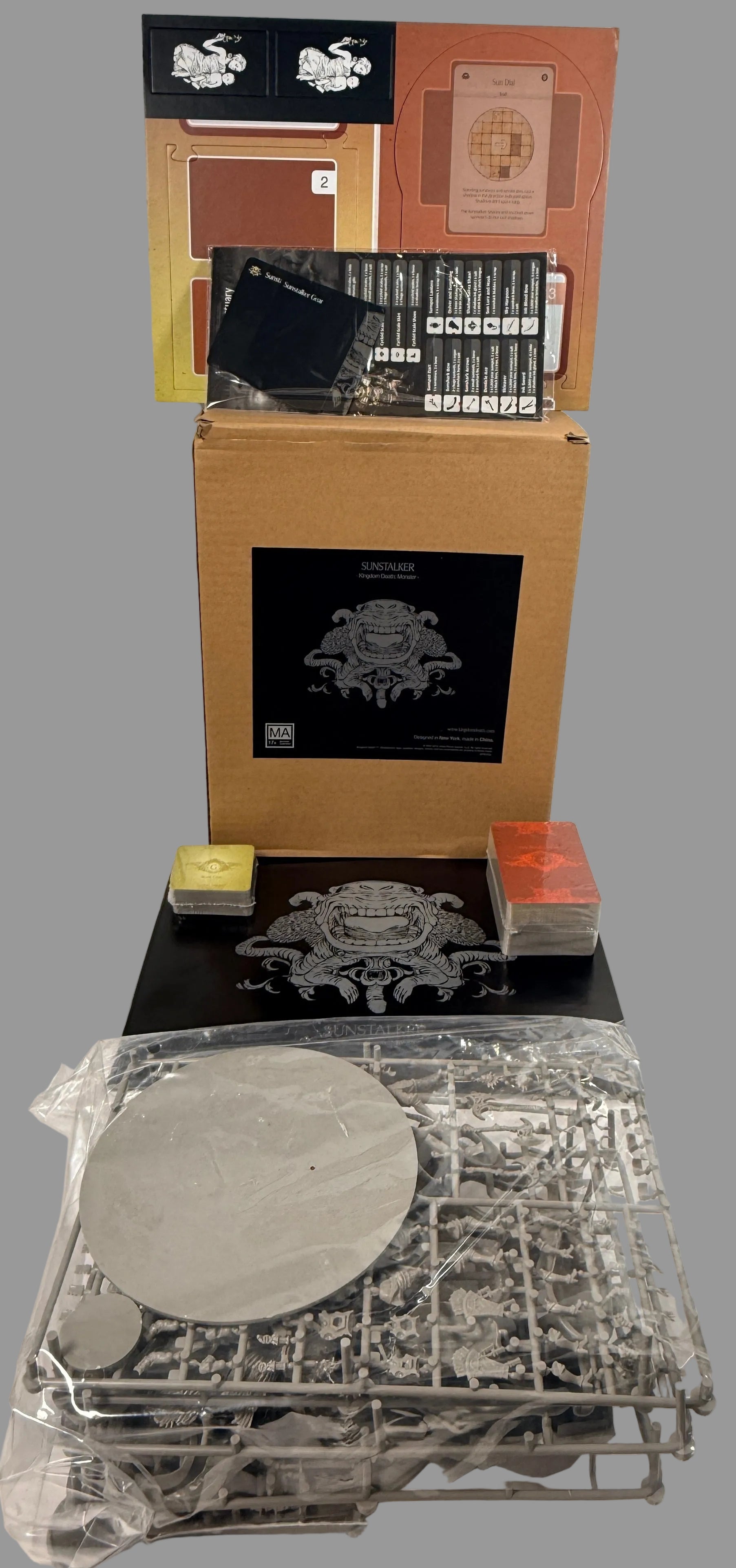 Kingdom Death Monster Sunstalker Expansion complete in original box with cards, minis and book. Rare collectible KDM expansion ready for play.