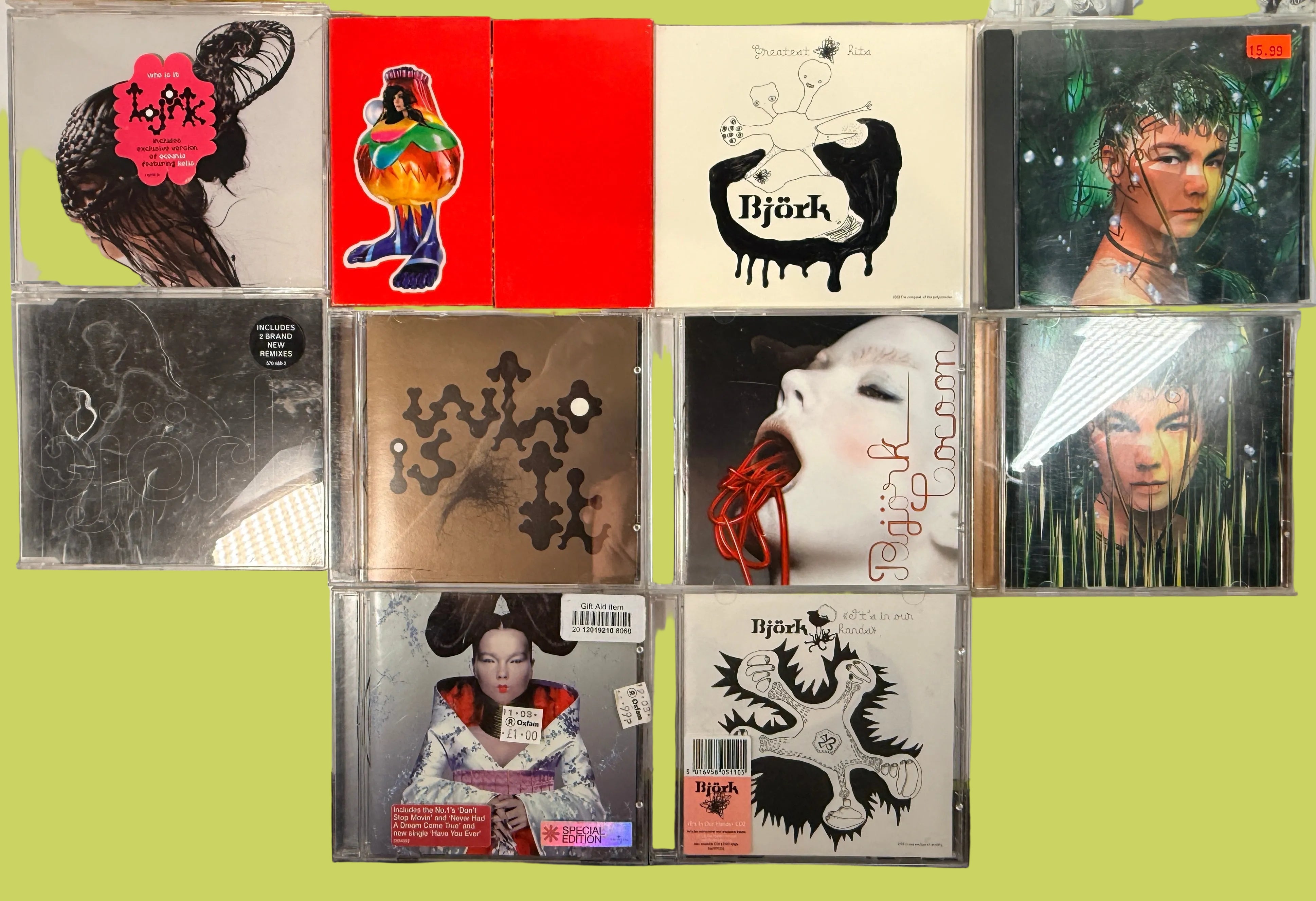 Björk CD collection lot with rare singles, imports, live releases and albums including Debut, Volta, Vespertine and Greatest Hits. Collector bundle