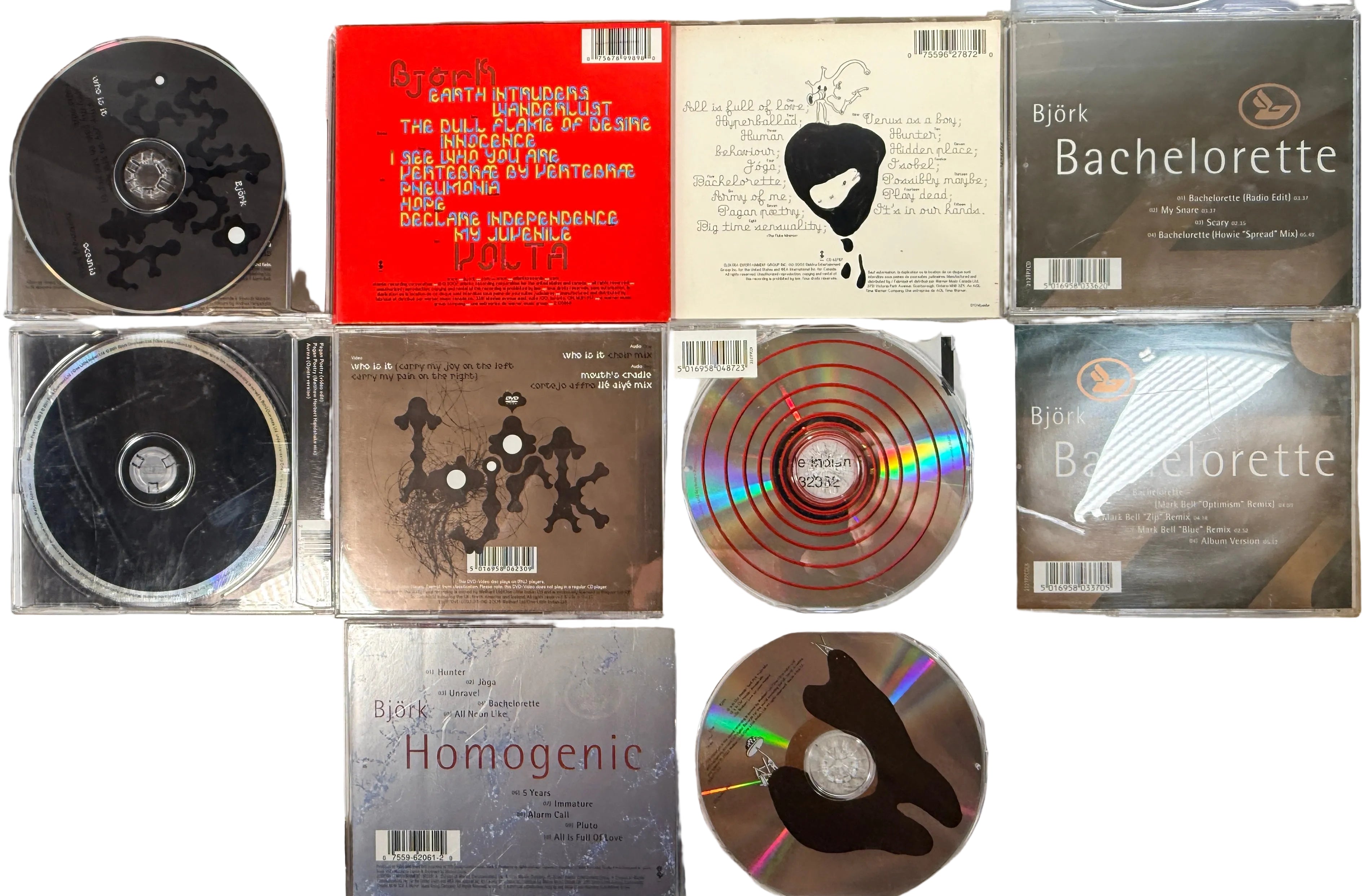 Björk CD collection lot with rare singles, imports, live releases and albums including Debut, Volta, Vespertine and Greatest Hits. Collector bundle