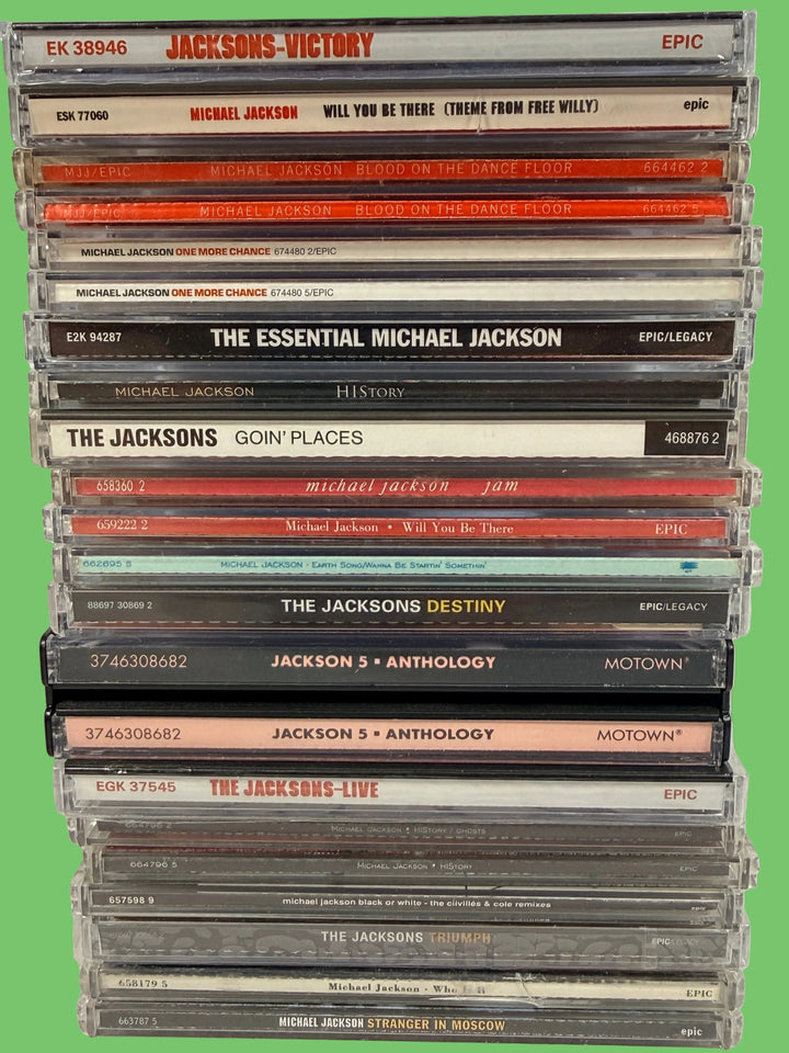 Michael Jackson CD lot with albums, singles, Jacksons and Jackson 5 titles. Collector bundle featuring HIStory, Blood On The Dance Floor and more.