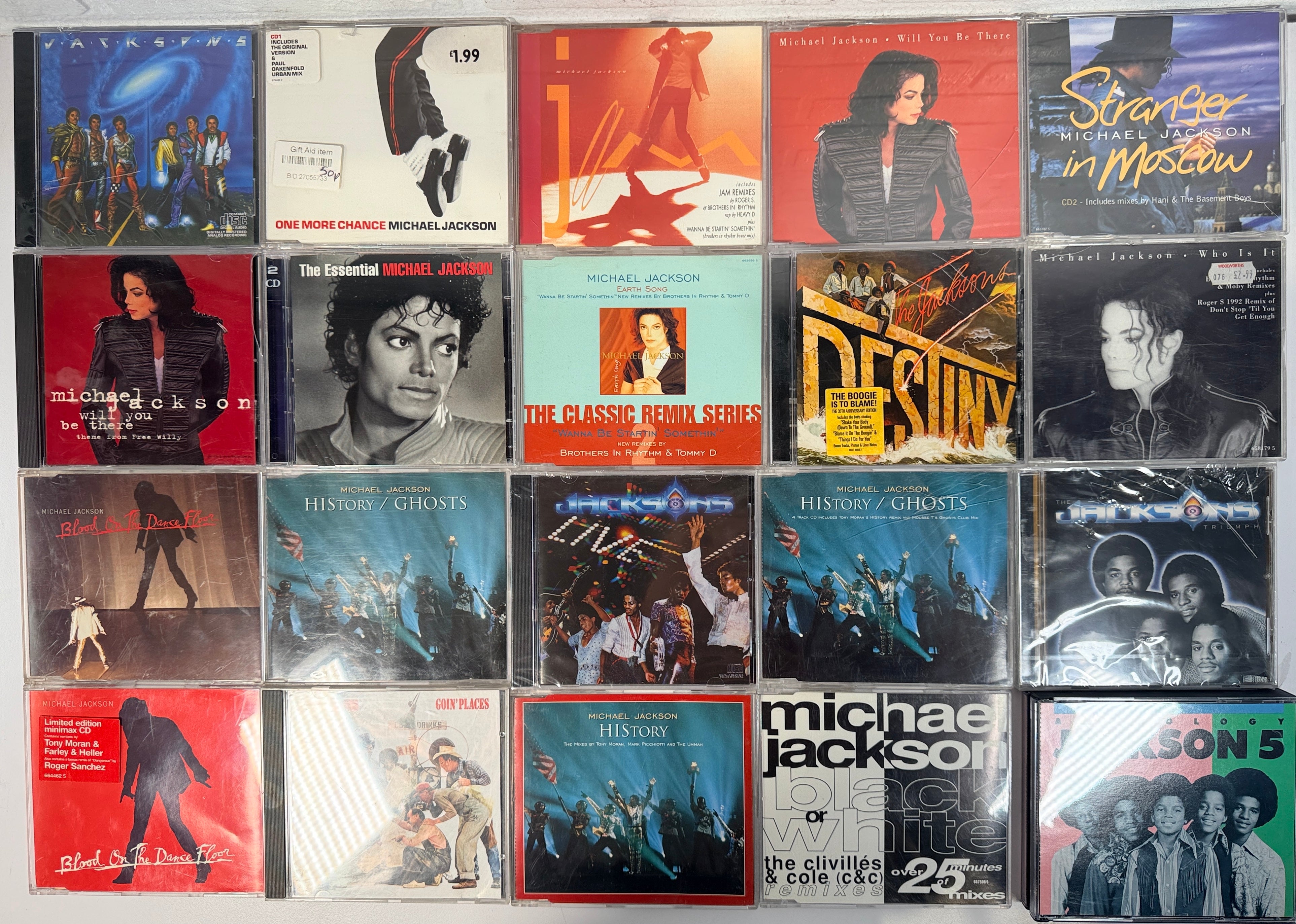 Michael Jackson CD lot with albums, singles, Jacksons and Jackson 5 titles. Collector bundle featuring HIStory, Blood On The Dance Floor and more.