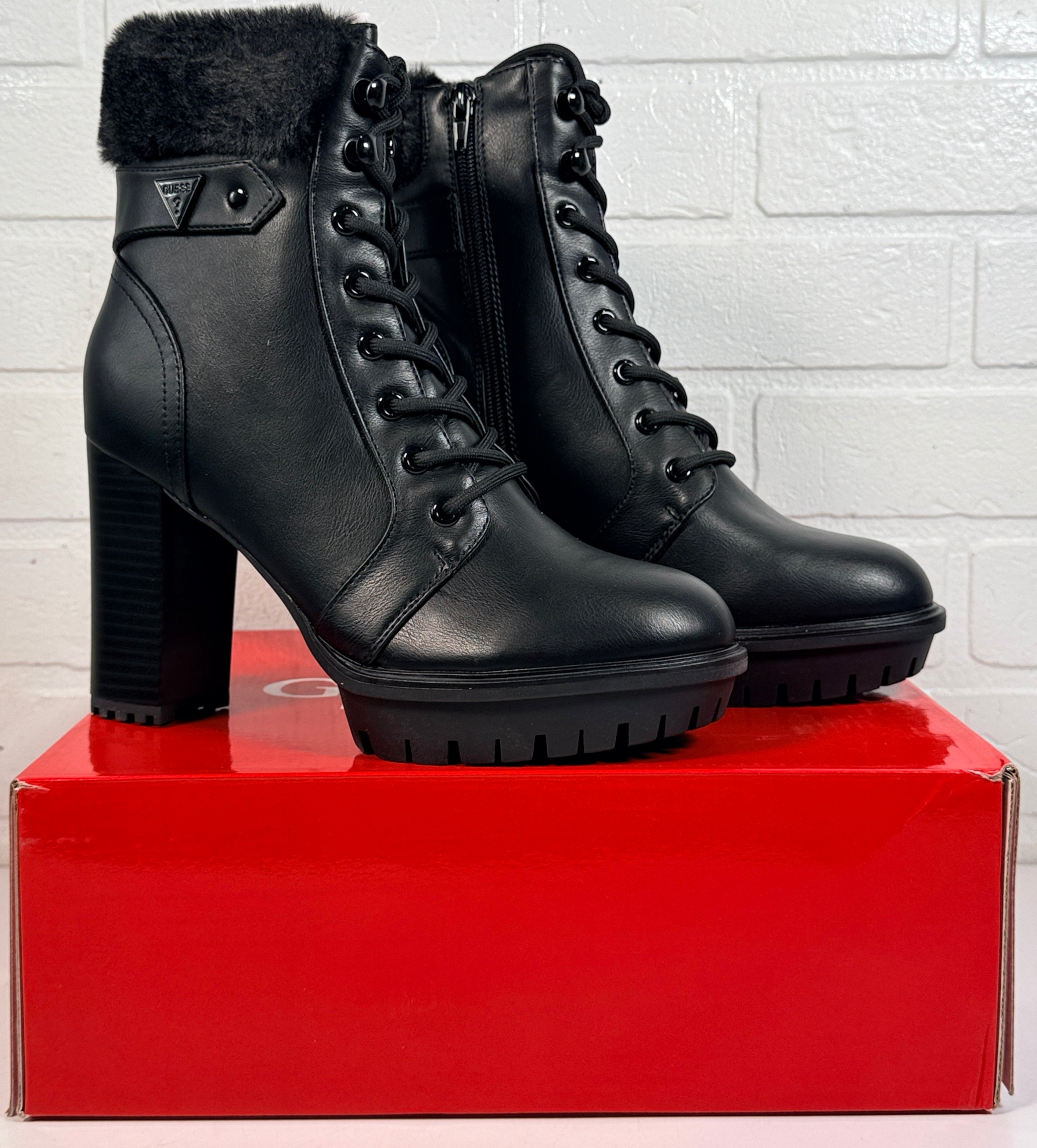 GUESS black platform ankle boots with faux fur trim, lace-up front, side zip and chunky heel. New in box designer women’s fashion boots.