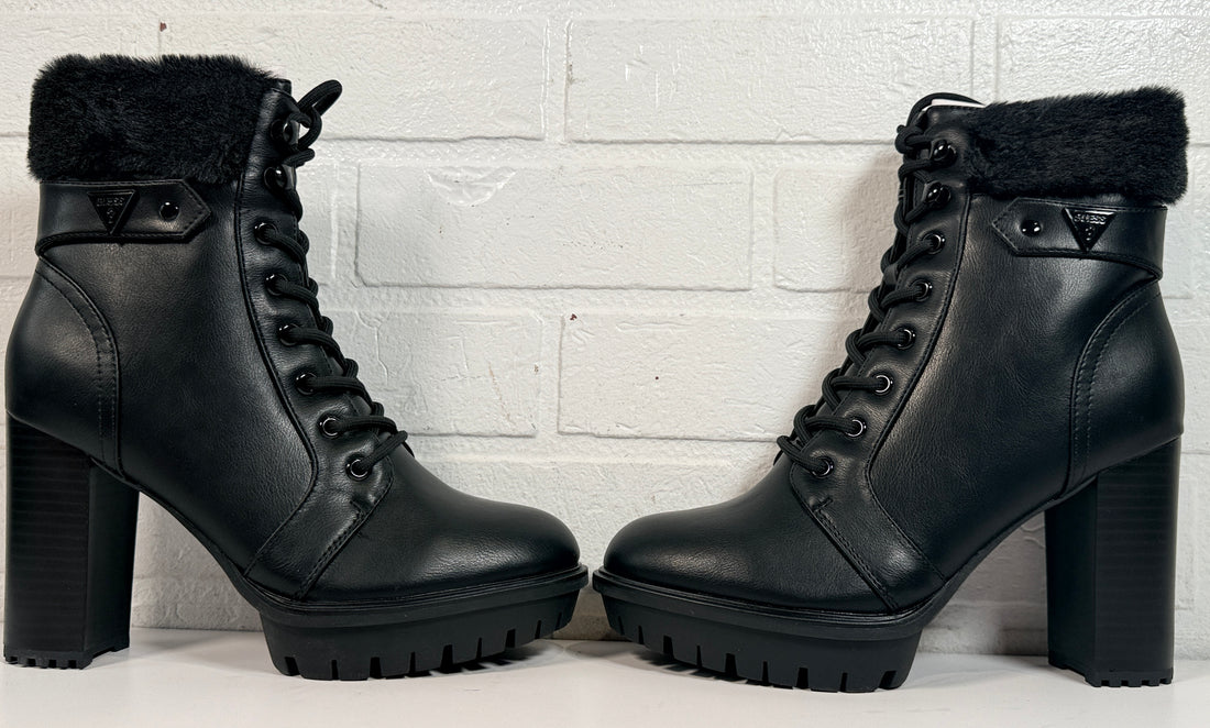 GUESS black platform ankle boots with faux fur trim, lace-up front, side zip and chunky heel. New in box designer women’s fashion boots.