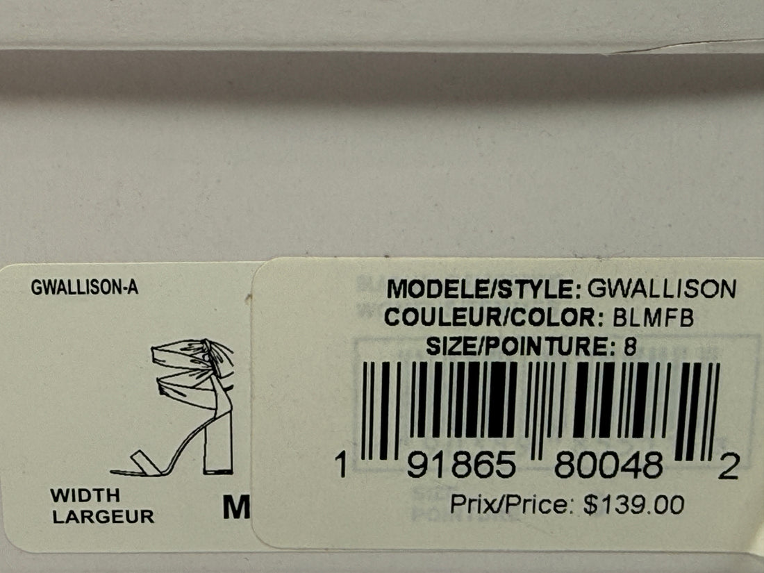 GUESS Allison gingham block heel sandals size 8 black white open toe mule heels new in box stylish women’s statement shoes with original packaging.