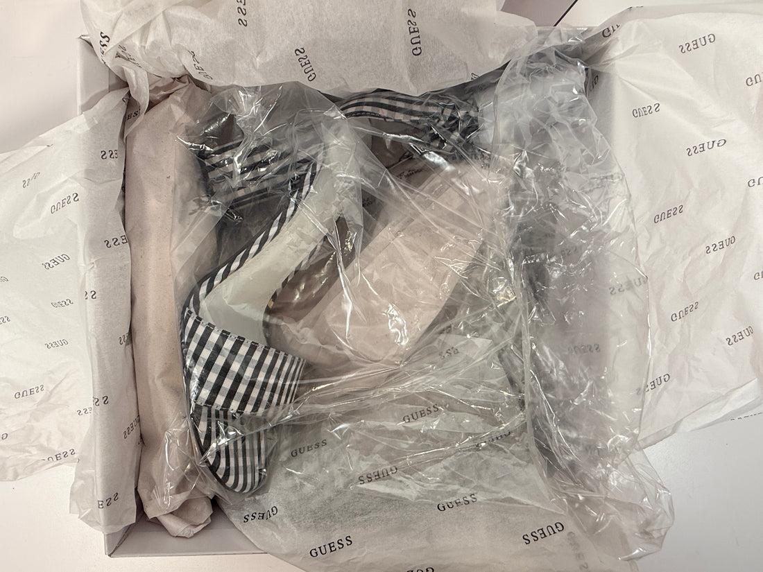 GUESS Allison gingham block heel sandals size 8 black white open toe mule heels new in box stylish women’s statement shoes with original packaging.