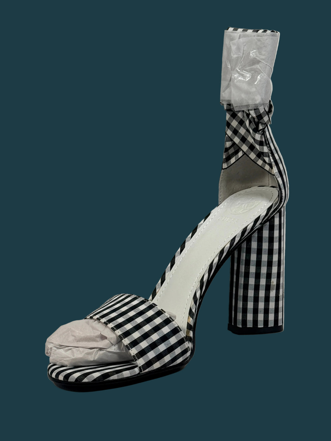 GUESS Allison gingham block heel sandals size 8 black white open toe mule heels new in box stylish women’s statement shoes with original packaging.