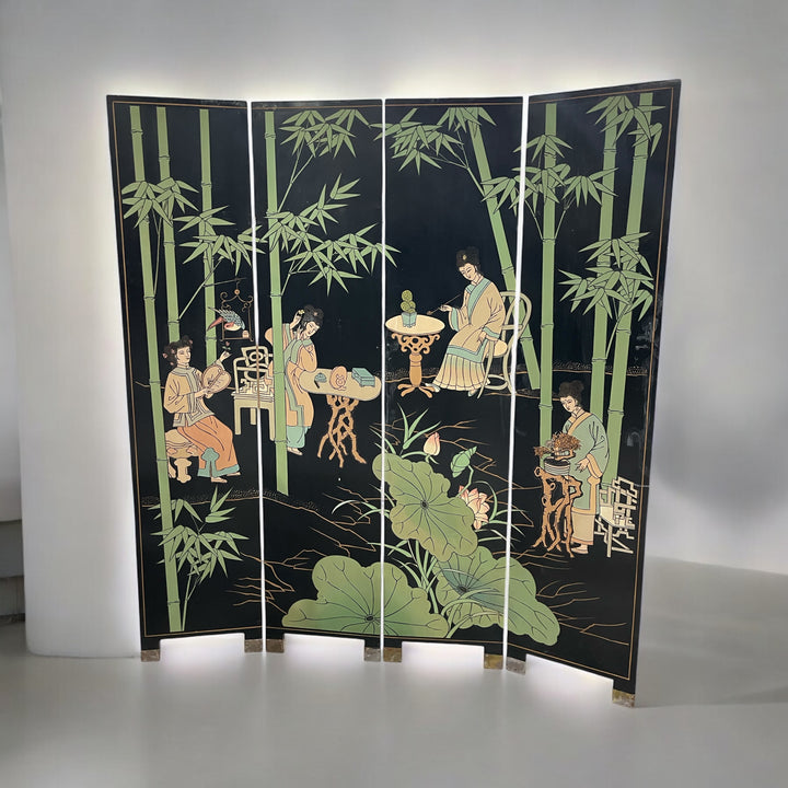 Vintage Chinese Hand-Carved Room Divider - Bamboo and Lotus Design