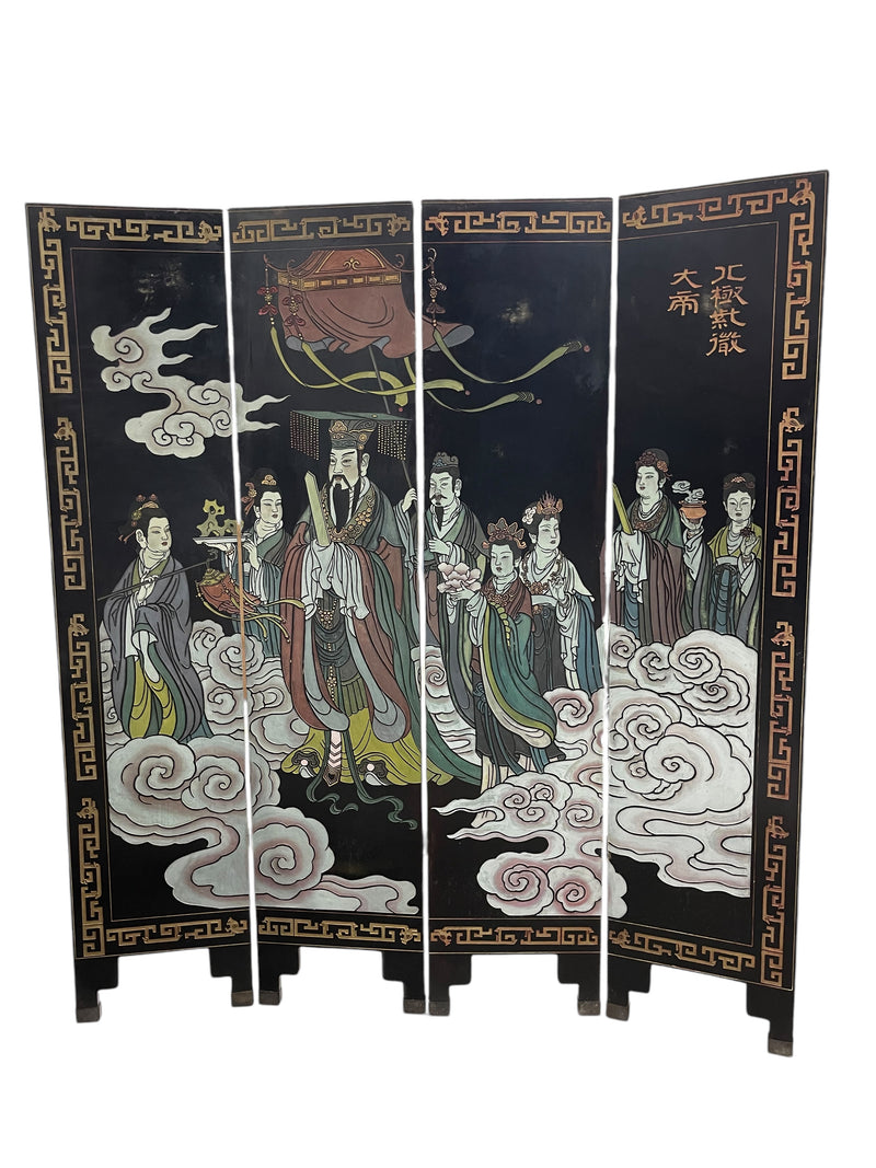 Hand-Carved Chinese Folding Screen - Deities and Cloud Motif