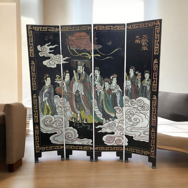 Hand-Carved Chinese Folding Screen - Deities and Cloud Motif