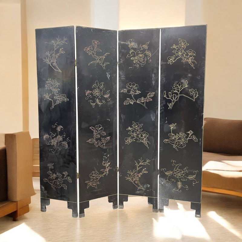 Hand-Carved Chinese Folding Screen - Deities and Cloud Motif