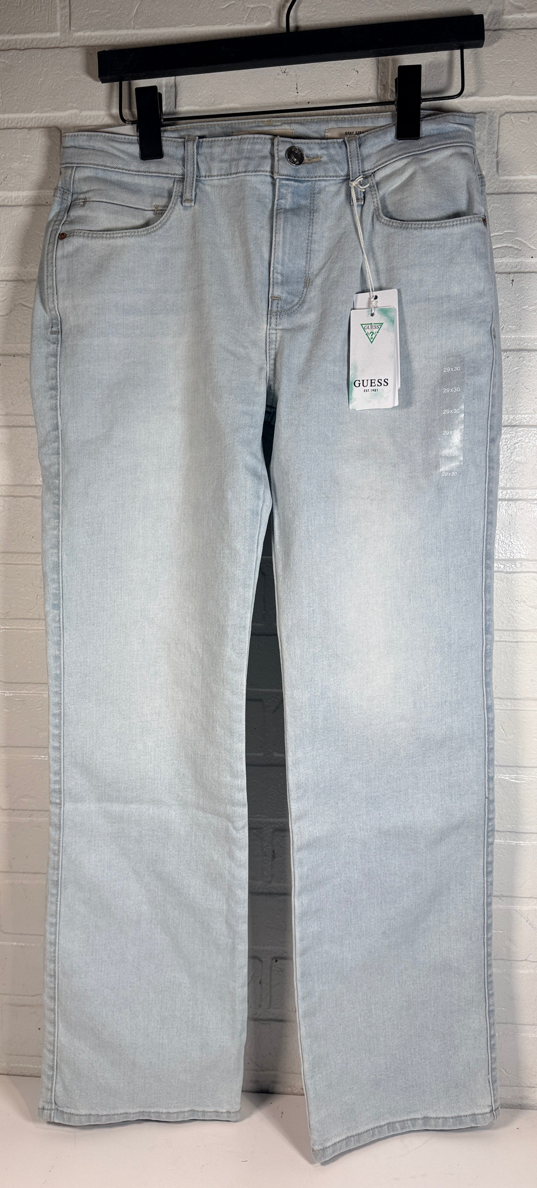 GUESS ECO, Sexy Straight Mid Rise jeans Brightstone Blue size 29x30. New with tags women’s light wash stretch straight leg denim premium casual style.