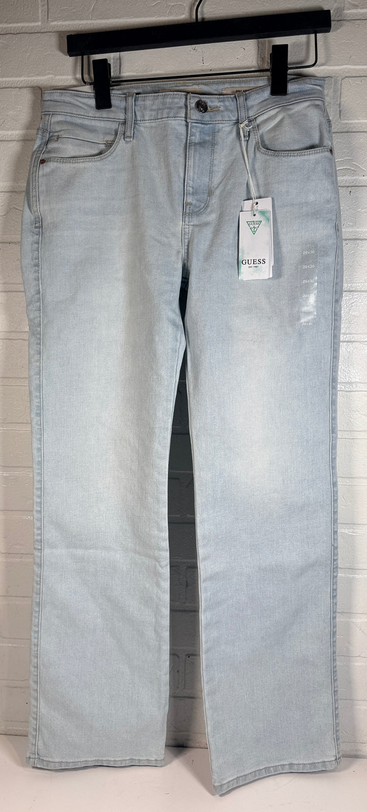GUESS ECO, Sexy Straight Mid Rise jeans Brightstone Blue size 29x30. New with tags women’s light wash stretch straight leg denim premium casual style.