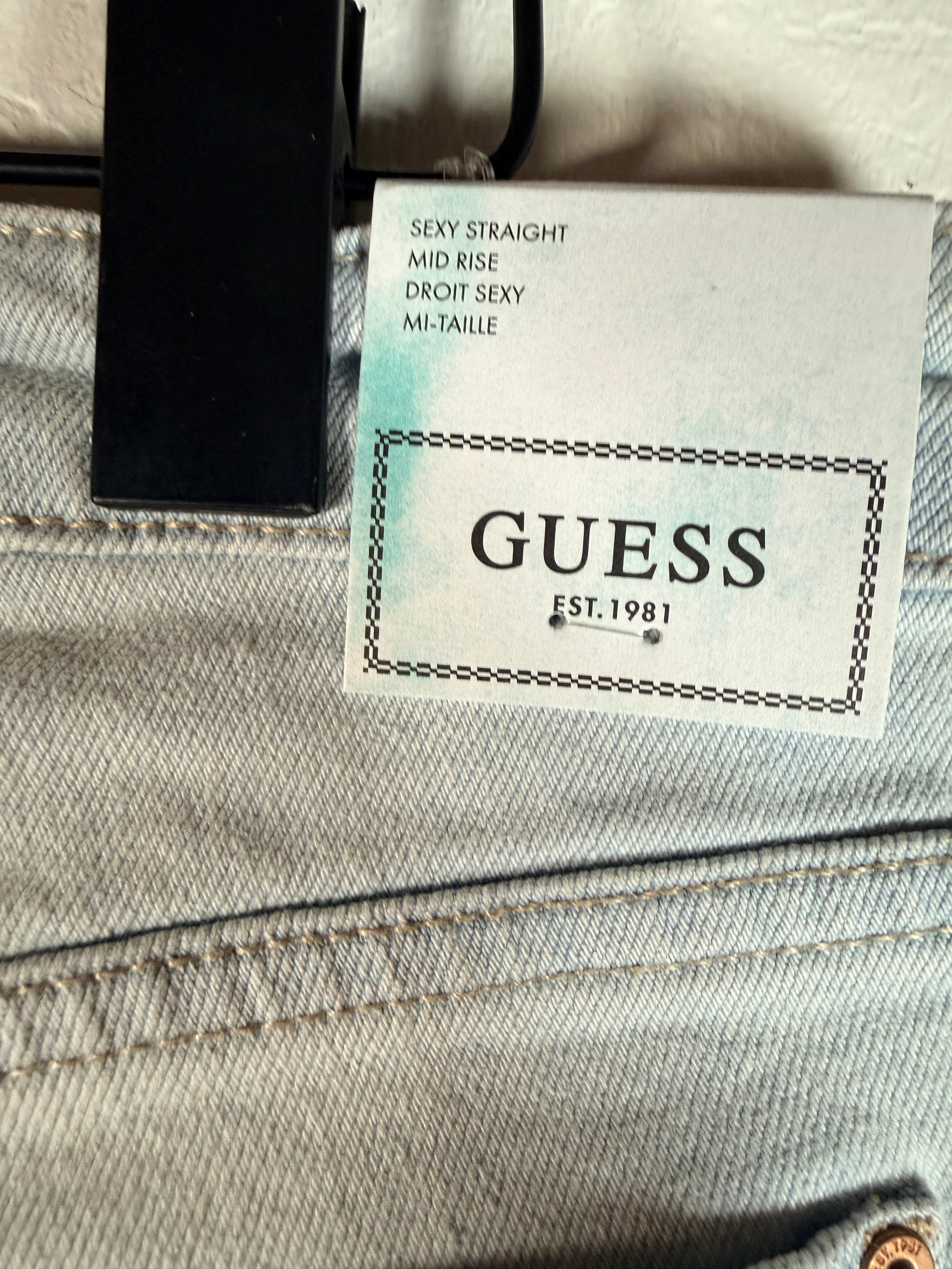 GUESS ECO, Sexy Straight Mid Rise jeans Brightstone Blue size 29x30. New with tags women’s light wash stretch straight leg denim premium casual style.