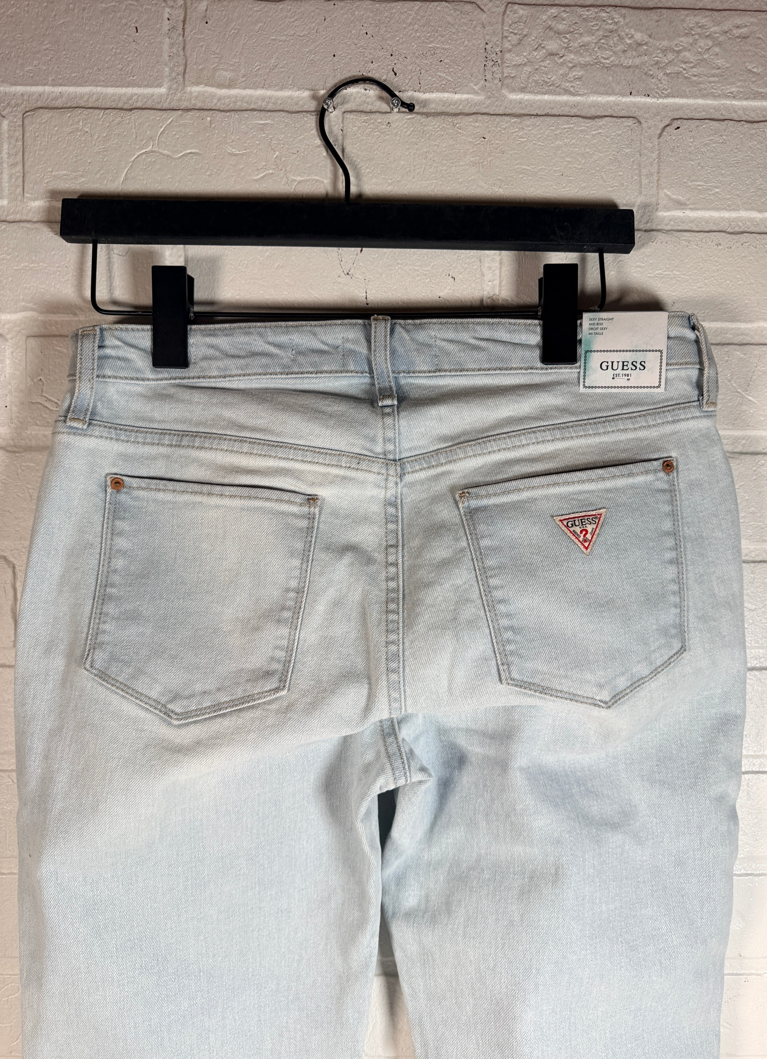 GUESS ECO, Sexy Straight Mid Rise jeans Brightstone Blue size 29x30. New with tags women’s light wash stretch straight leg denim premium casual style.