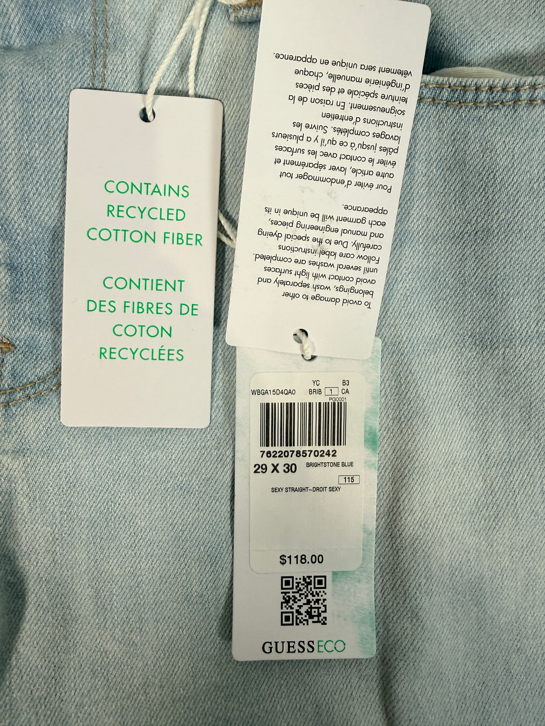 GUESS ECO, Sexy Straight Mid Rise jeans Brightstone Blue size 29x30. New with tags women’s light wash stretch straight leg denim premium casual style.