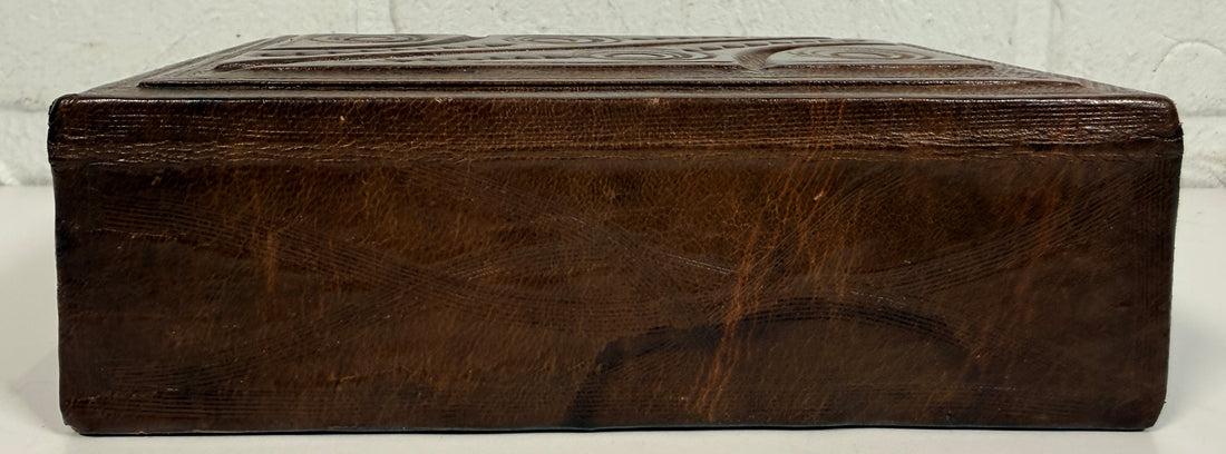Vintage leather covered wooden box with hand tooled geometric design. Rustic keepsake jewelry storage box with removable lid and handmade charm.