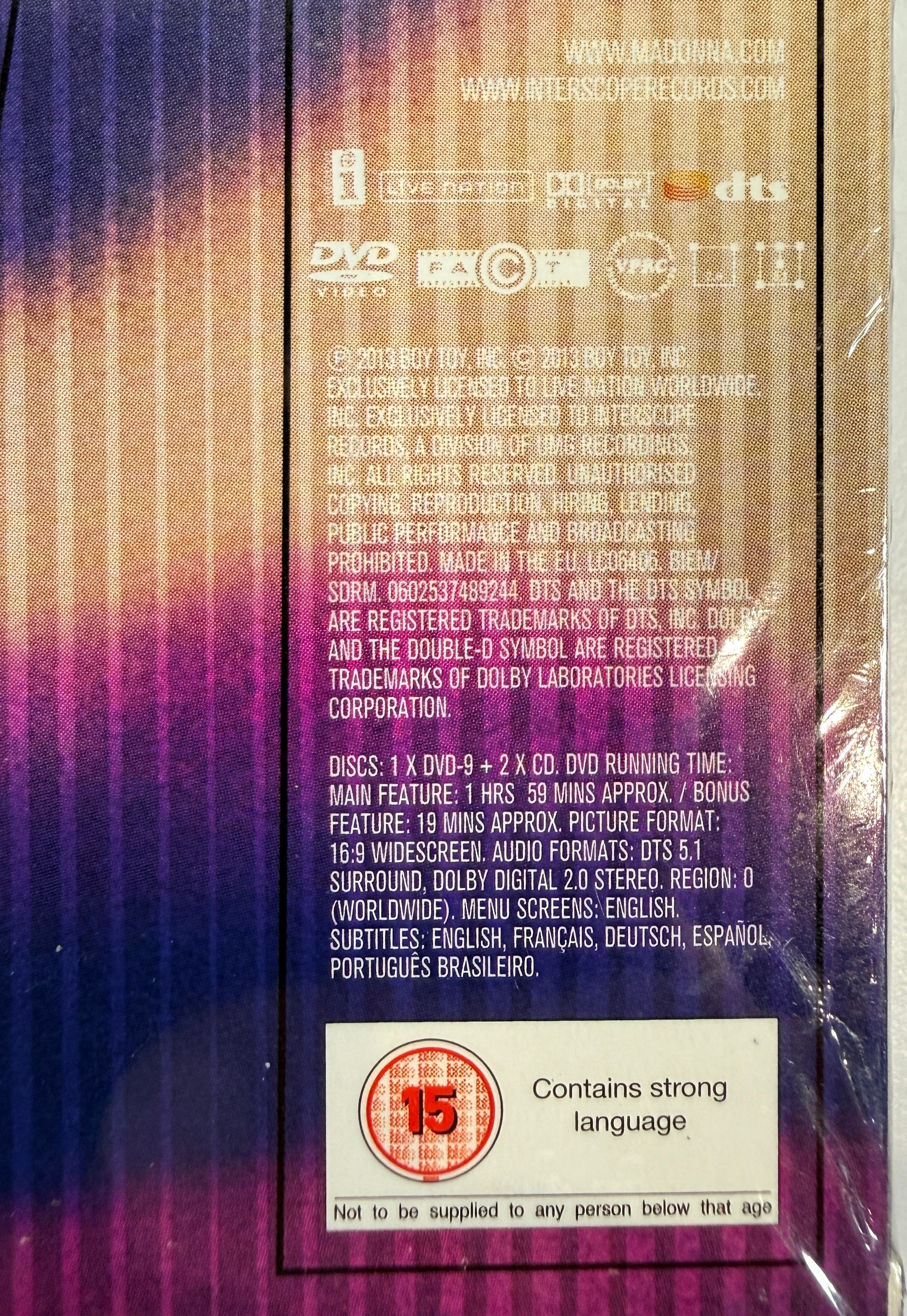 Madonna MDNA World Tour deluxe DVD + 2CD set with collector digipak packaging. Complete live concert edition with bonus content and worldwide region DVD.
