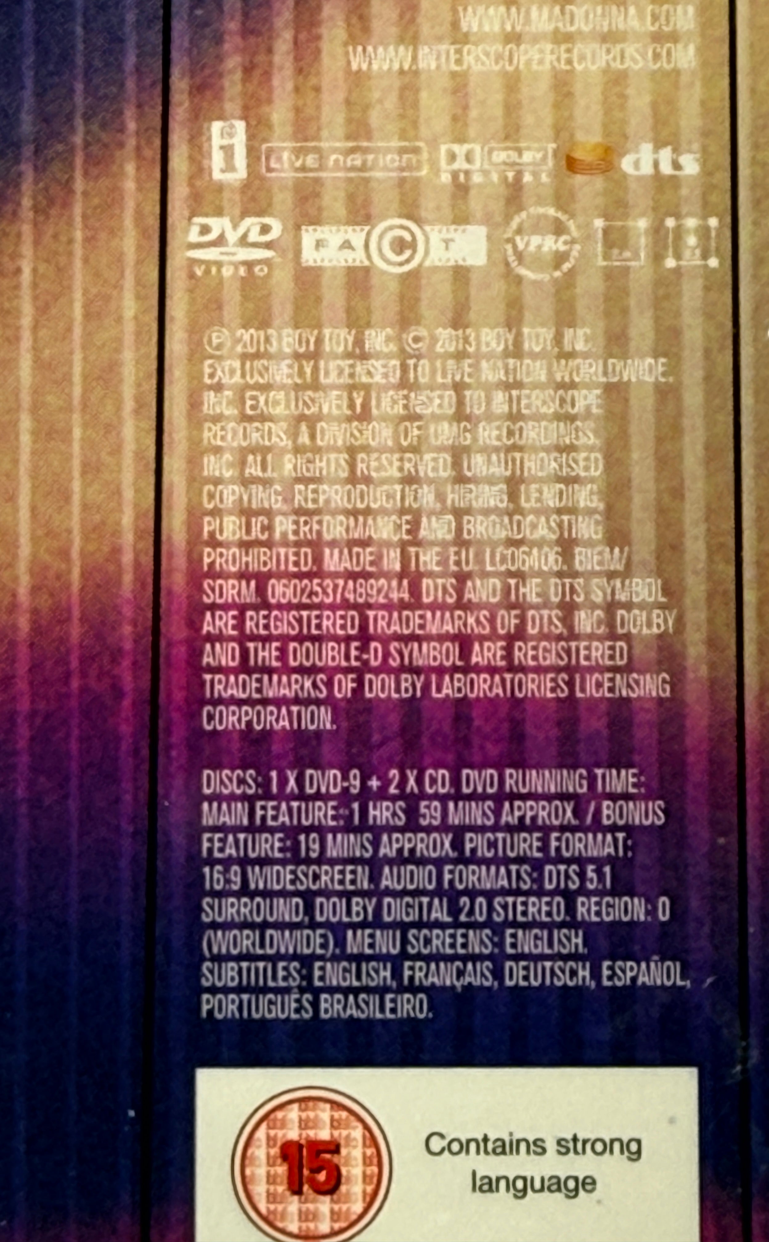 Madonna MDNA World Tour deluxe DVD + 2CD set with collector digipak packaging. Complete live concert edition with bonus content and worldwide region DVD.