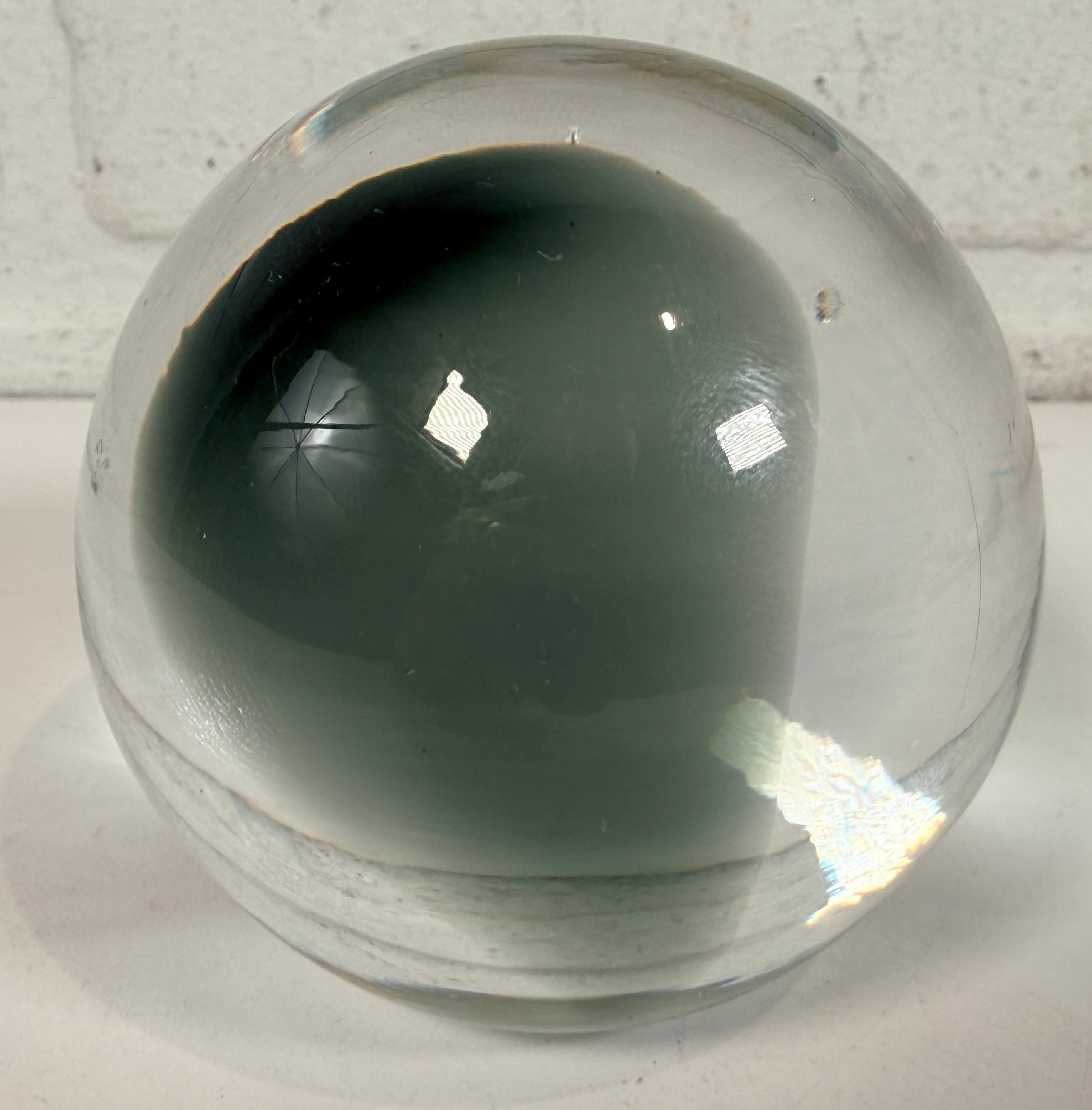 Vintage Italian art glass paperweight sphere with smoky green core, Chiurato Rome label. Heavy decorative collectible desk or shelf display piece.