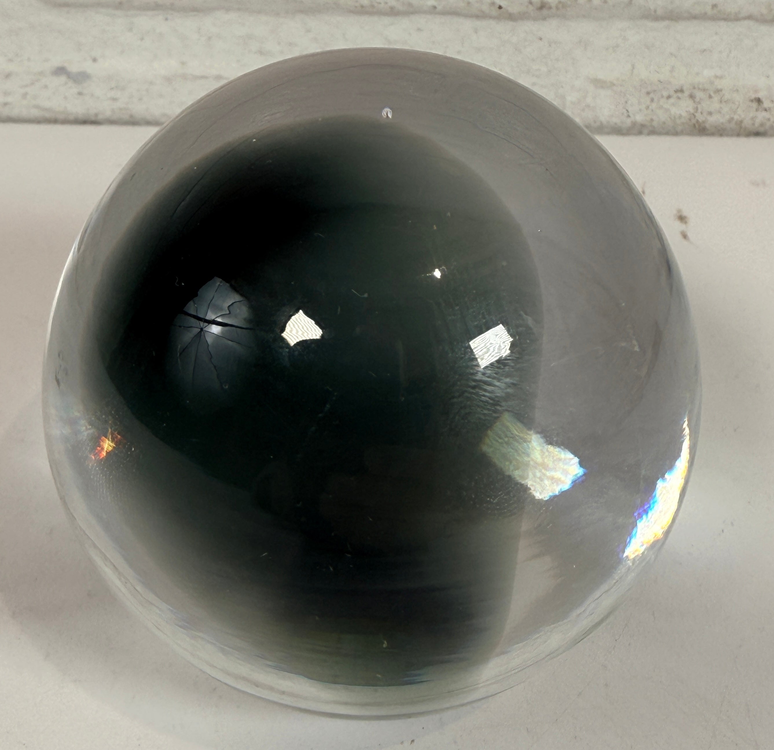 Vintage Italian art glass paperweight sphere with smoky green core, Chiurato Rome label. Heavy decorative collectible desk or shelf display piece.