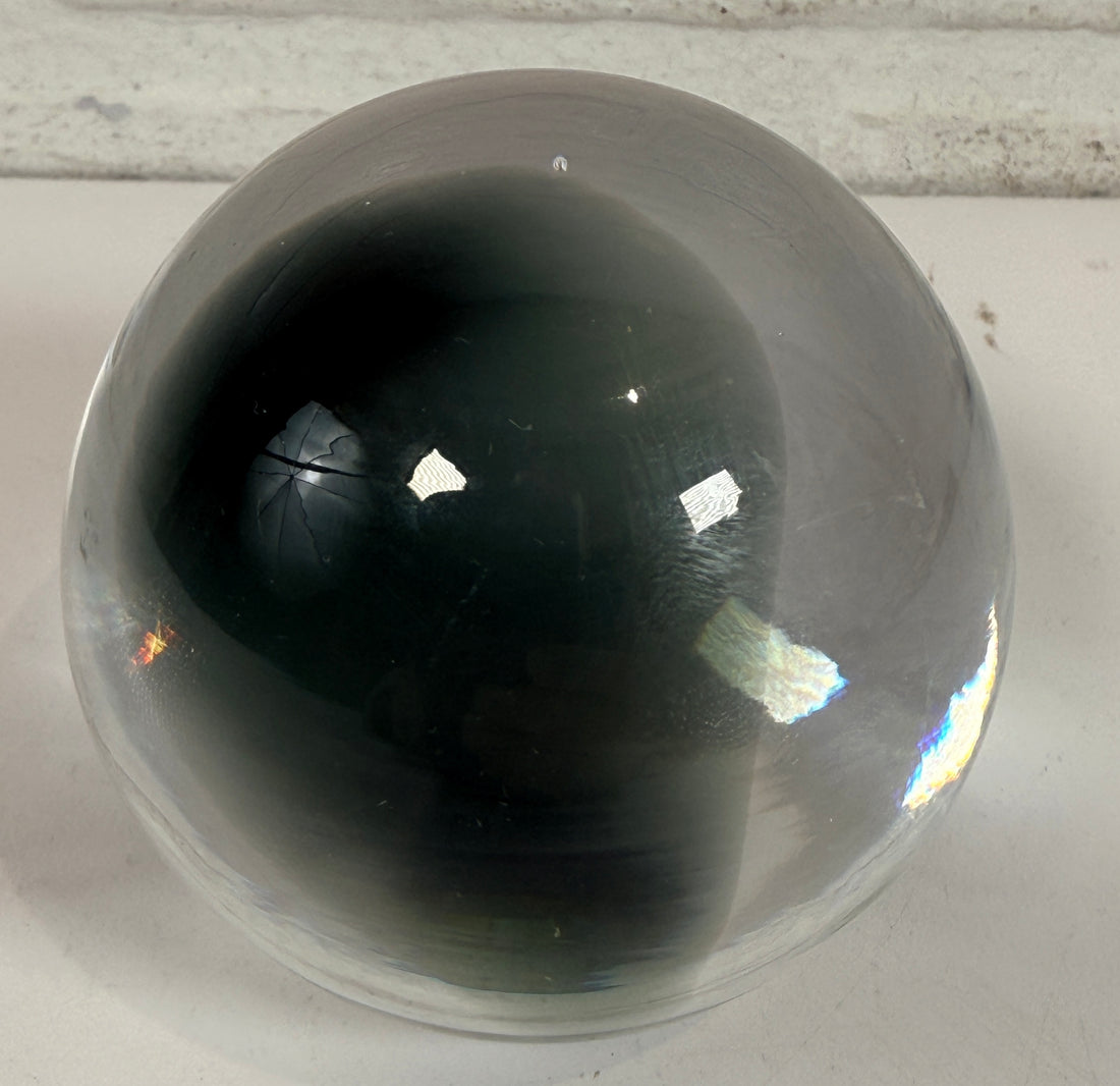 Vintage Italian art glass paperweight sphere with smoky green core, Chiurato Rome label. Heavy decorative collectible desk or shelf display piece.